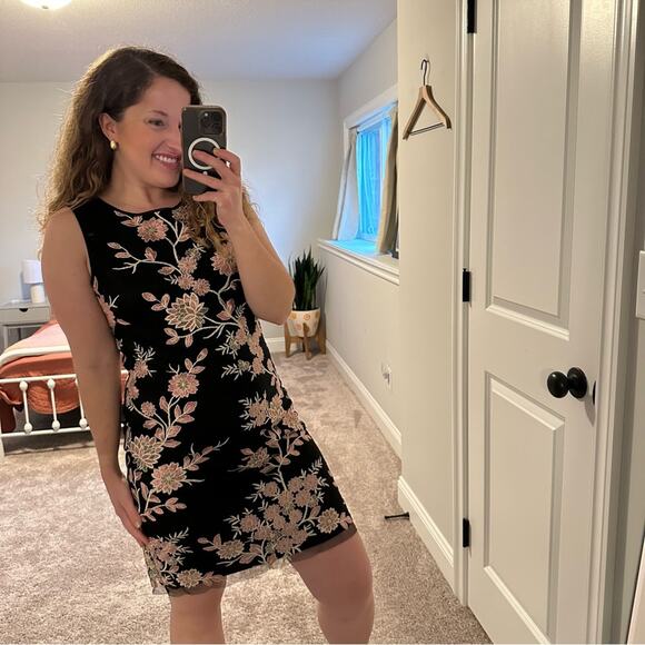 Jessica Howard Black Pink Gold Floral Embroidered Mini Dress 6 - Picture 2 of 10